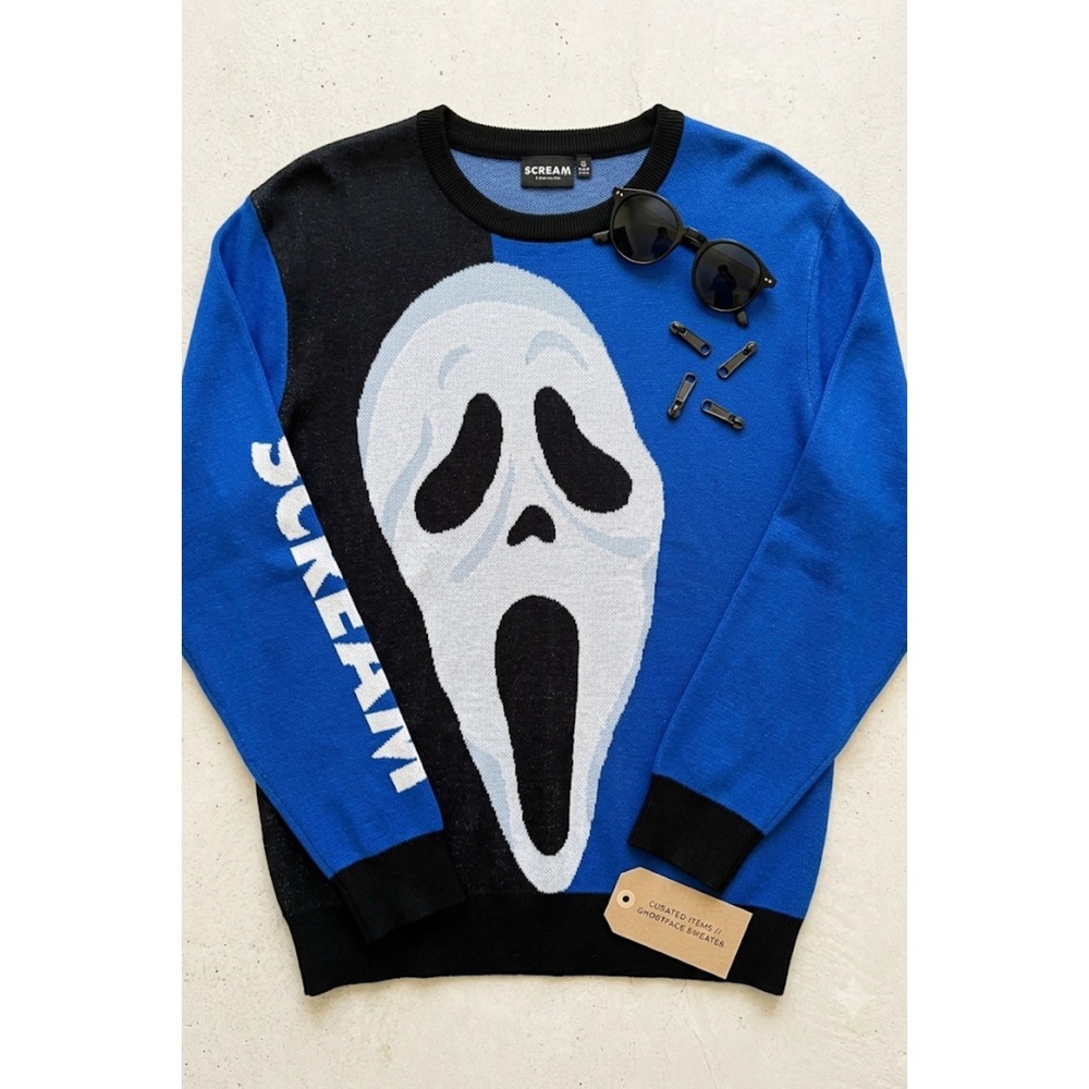 Scream Ghostface Knit Sweater Mens XL Blue Black Horror Movie Graphic Crewneck